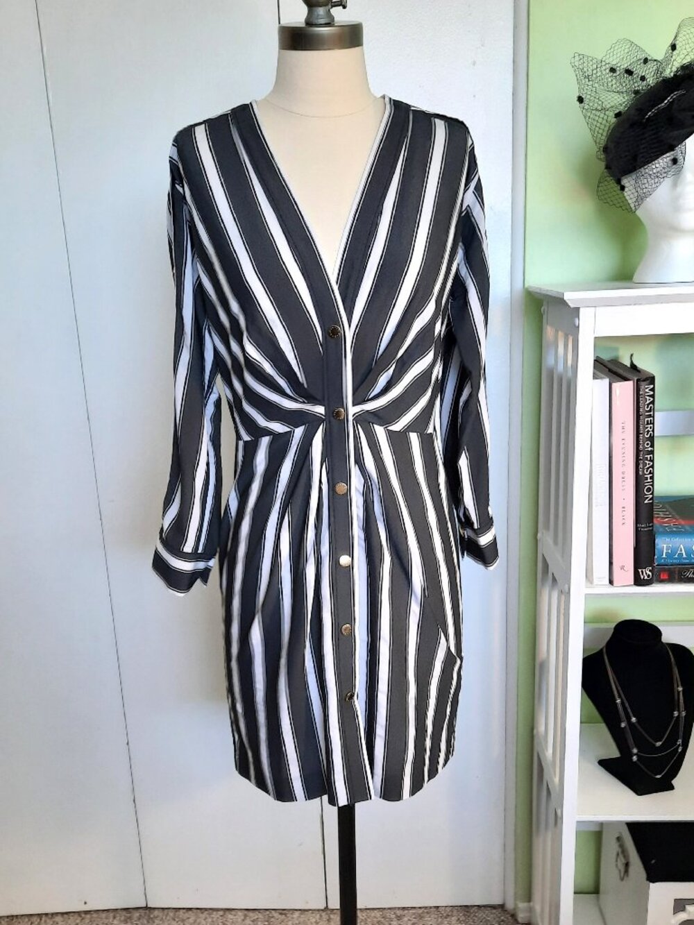 Sandro Paris Black White Striped Shirt Dress Gold Buttons Size Small - Picture 2 of 8